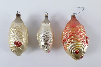 Lot of 3 Antique Blown Glass Fish Ornaments