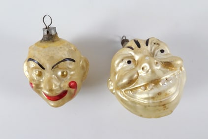 Lot of 2 Antique Clown Face Blown Glass Ornaments