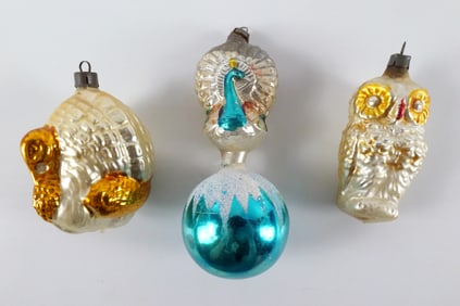 Lot of 3 Vintage Bird Themed Blown Glass Ornaments