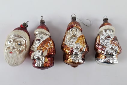 Lot of 4 Antique Blown Glass Santa Ornaments