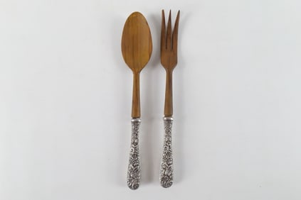 Mid Century Modern Sterling Silver Repousse Handled Salad Servers