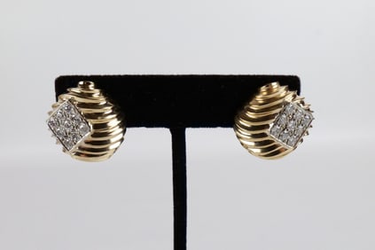 Pair of 14K Gold and Diamond Clip Earrings