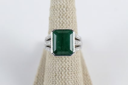 14K White Gold, Emerald and Diamond Ring