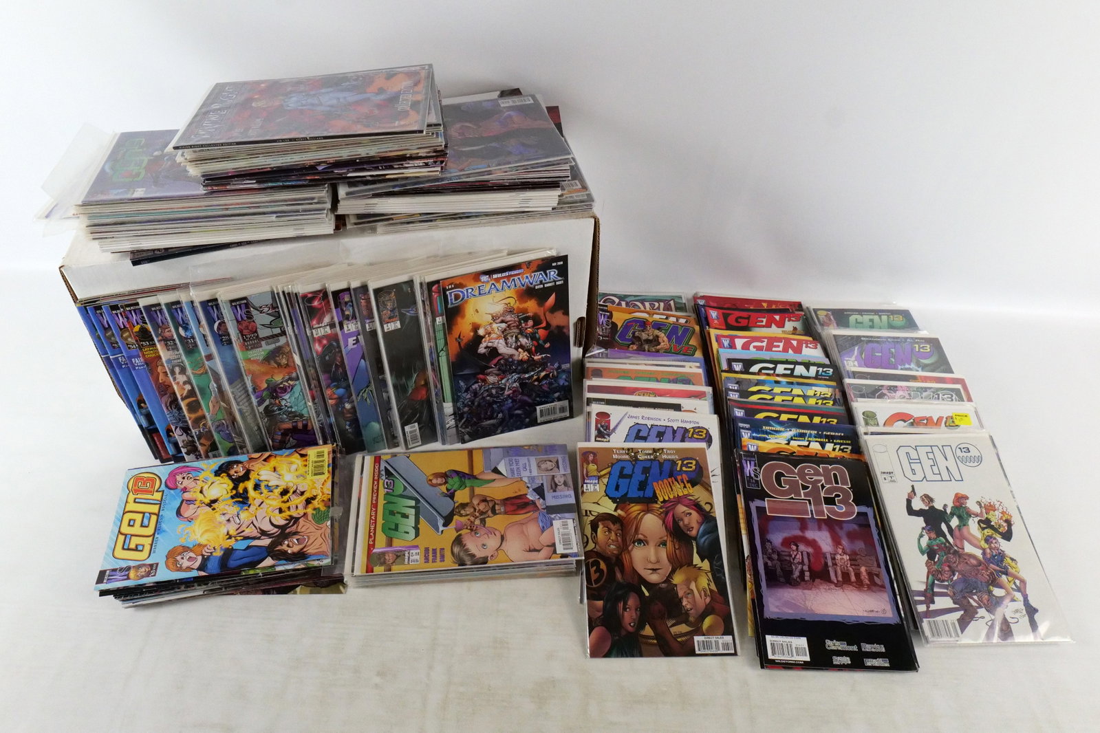 Long Box of Wildstorm Comics: Long Box of Wildstorm Comics. Including Divine Right, Dream Police, Dreamwar, DV8. The Establishment, Fatale and Gen 13. Average Grade is Fine to VF. Long Box is Full. Please note that the short boxes
