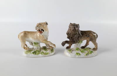 Pair of 18th Century Meissen Lion Figurines