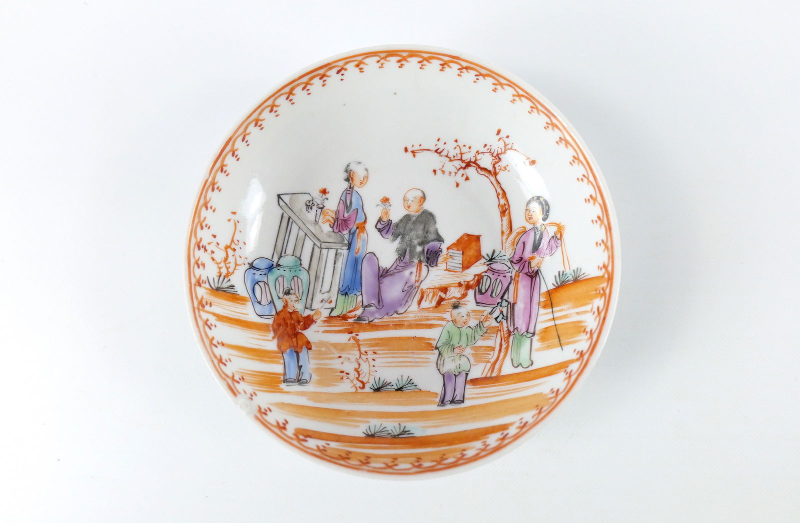 Chinese Export Hand Painted Porcelain Bowl: Chinese Export Hand Painted Porcelain Bowl. Has Asian Family Scene. At least 18th Century. Chip on edge, hairline cracks, and wear to paint on face. Measures 4.75" diameter. All invoices must be paid
