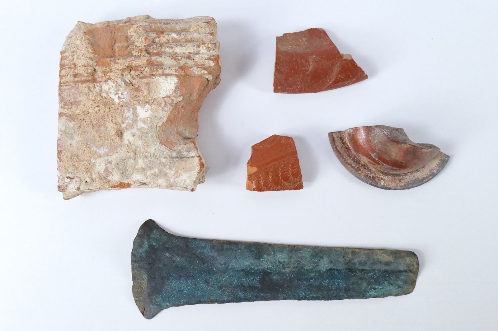 Lot of Pottery Fragments and Copper Aztec Money Axe (1 of 15)