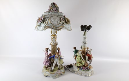 Lot of 2 German Porcelain Hand Painted Figural Table Lamps