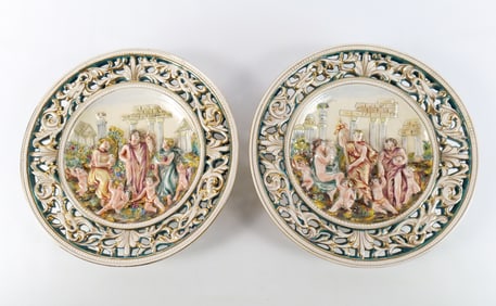 Lot of 2 Capodimonte Hand Painted 3D Art Wall Plates