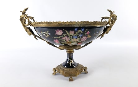 French Style Ceramic and Brass Mounted Centerpiece