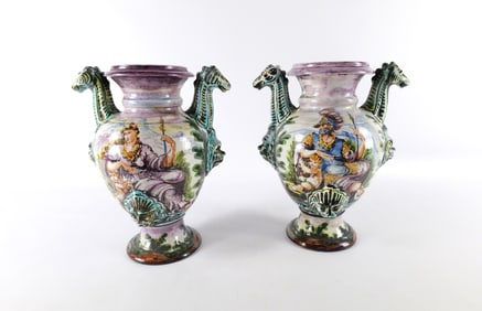 Pair of Italian Hand Painted Majolica Urn Vases