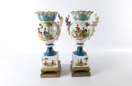 Pair of Asian Influenced Hand Painted Urns on Pedestals