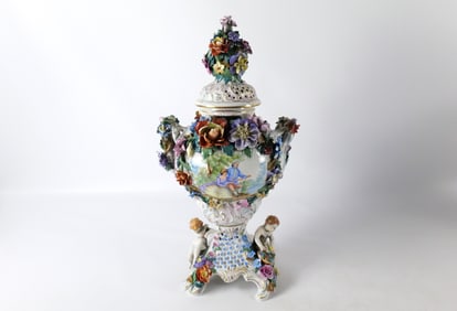19th Century Dresden Double Handled Covered Urn