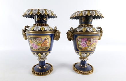 Pair of Double Handled Cobalt Blue Vases