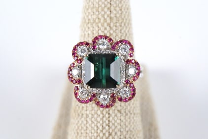 18K Oscar Friedman Tourmaline, Ruby and Diamond Ring