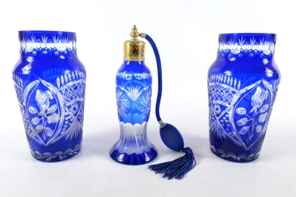 Lot of 3 Cobalt Cut to Clear Glass Pieces