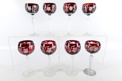 Lot of 8 Ruby Cut to Clear Tall Stemware Glasses