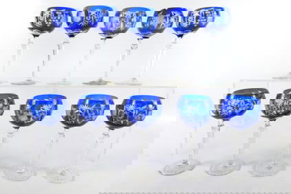 Lot of 10 Cobalt Cut to Clear Tall Stemware Glasses