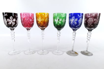 Lot of 6 Multi-Colored Cut to Clear Wine Glasses