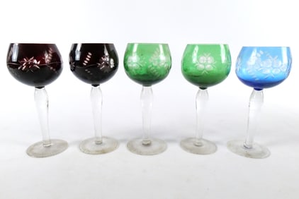 Lot of 5 Multi-Colored Cut to Clear Wine Glasses