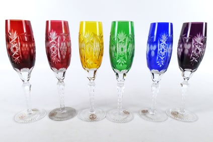 Lot of 6 Multi-Colored Cut to Clear Champagne Glasses