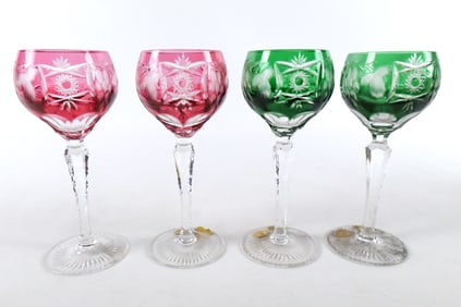 Lot of 4 Multi-Colored Cut to Clear Wine Glasses
