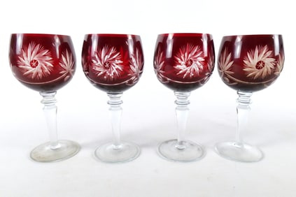 Lot of 4 Ruby Cut to Clear Wine Glasses