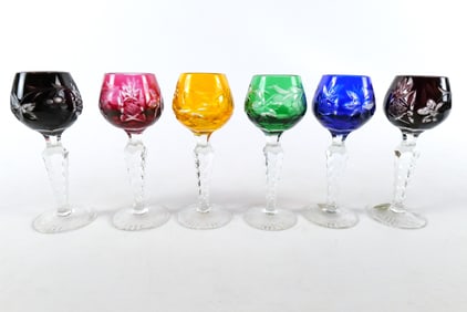 Lot of 6 Multi-Colored Cut to Clear Sherry/Cordial Glasses