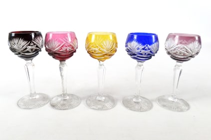 Lot of 5 Multi-Colored Cut to Clear Aperitif Glasses