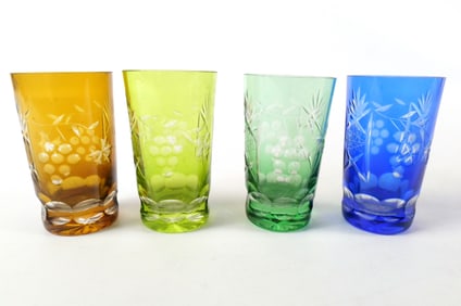 Lot of 4 Multi-Colored Cut to Clear Shot Glasses.