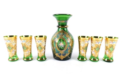 Lot of Hand Painted Bohemia Green Glass Pieces