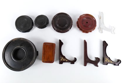 Lot of Wooden Bases and Various Plate Stands