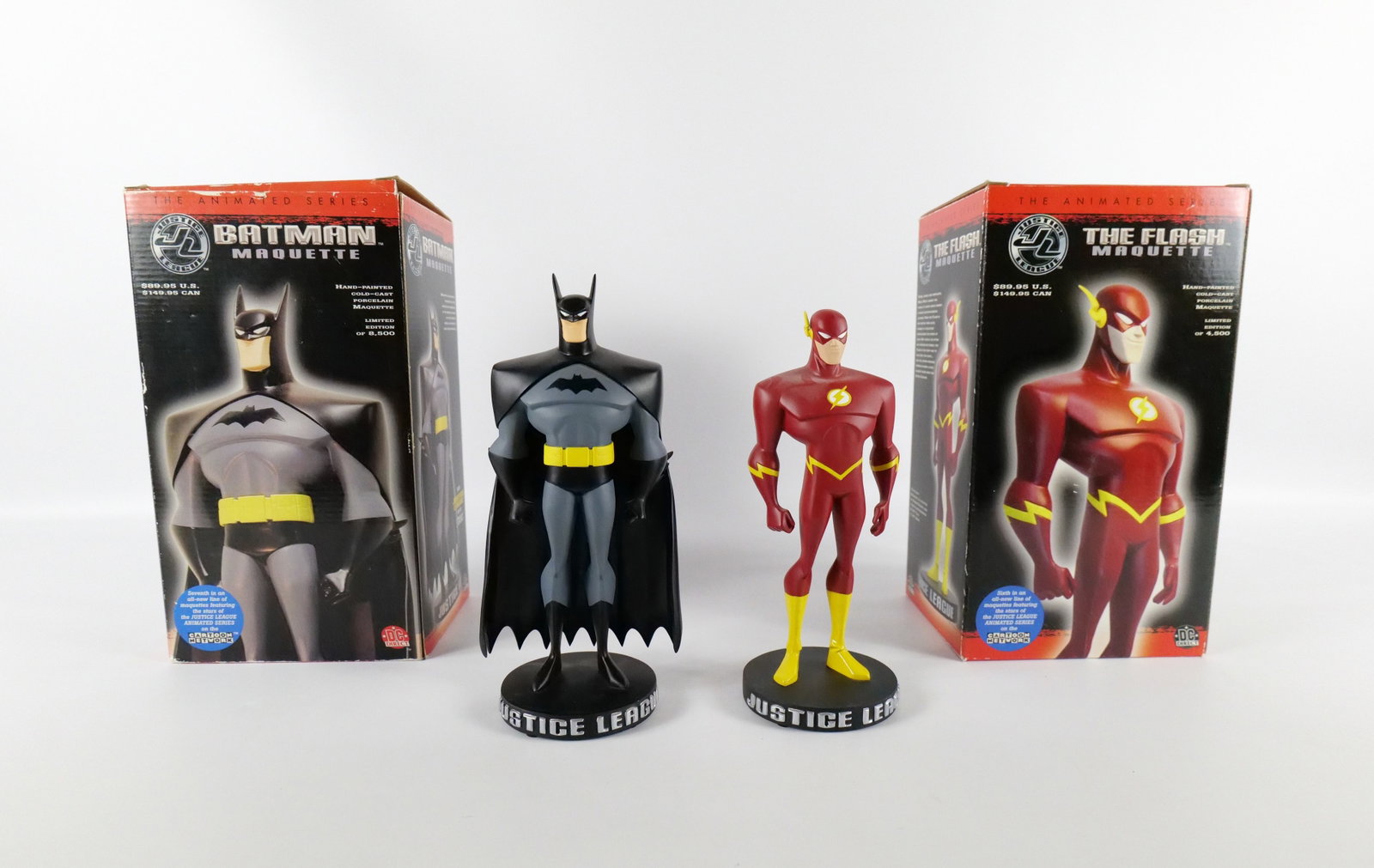 Lot of 2 DC Justice League Animated Series Maquettes: Lot of 2 DC Justice League Limited Edition Animated Series Maquette Statues. Including Batman #2071/8500 and The Flash #2552/4500 - Broken Wing in helmet. Largest measures 9.5" tall. Both come with bo