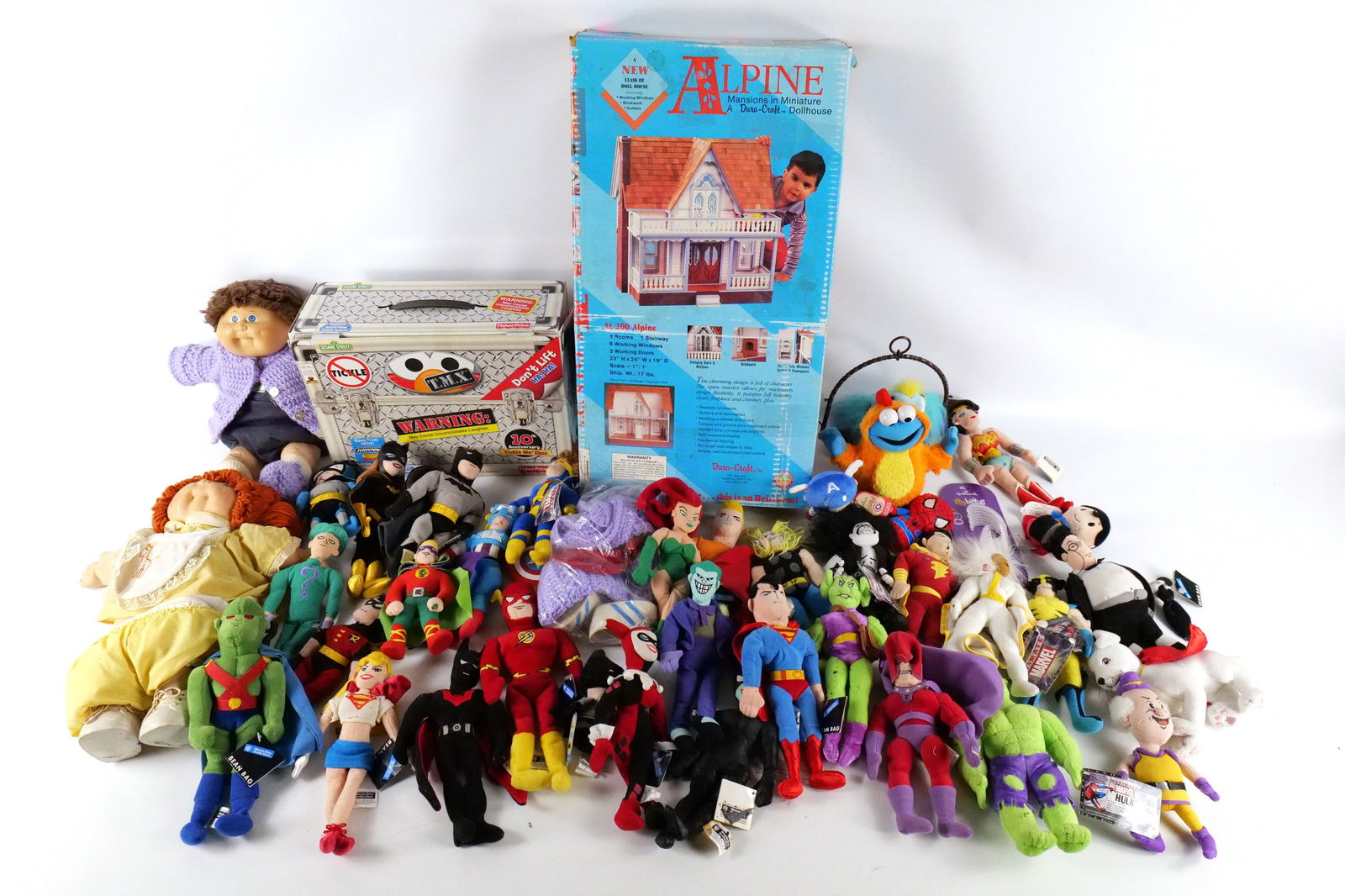 Group Lot of Dolls, Plush and Alpine Miniature Furniture Set: Group Lot of Dolls, Plush and Alpine Miniature Furniture Set in Box. Dolls include Tickle Me Elmo, Cabbage Patch, Miniature Bean Bag Super-Heroes Related and More. All invoices must be paid within 24