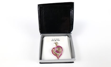 14K Gold and Ruby Swirl Heart Pendant