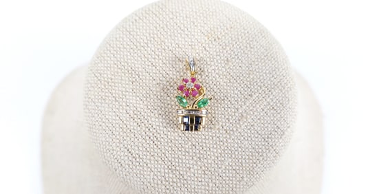 14K Gold and Gemstone Flower Pot Pendant