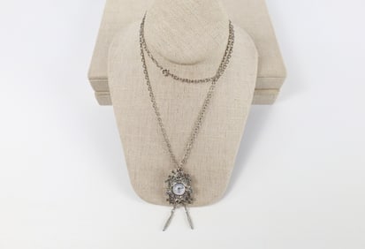 Silver Tone Cuckoo Clock Watch Pendant Necklace
