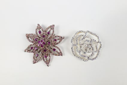 Pair of Modern Rhinestone Flower Brooches