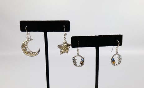 Two Pairs Of Celestial Themed Sterling Earrings