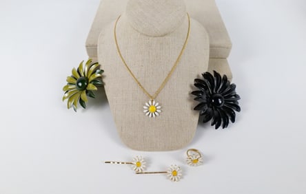 Pair of Vintage 1960s Enameled Daisy Brooches and More