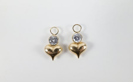 Pair of 14K Hollow Gold Heart and CZ Hoop Earring Jackets