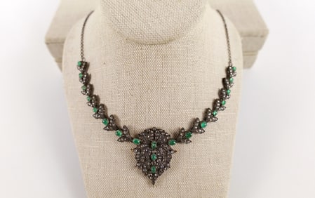 14K Sterling Emerald and Diamond Turn of the Century Necklace