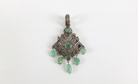 Art Deco Sterling Silver, 14K Diamond, and Emerald Stone Drop Pendant
