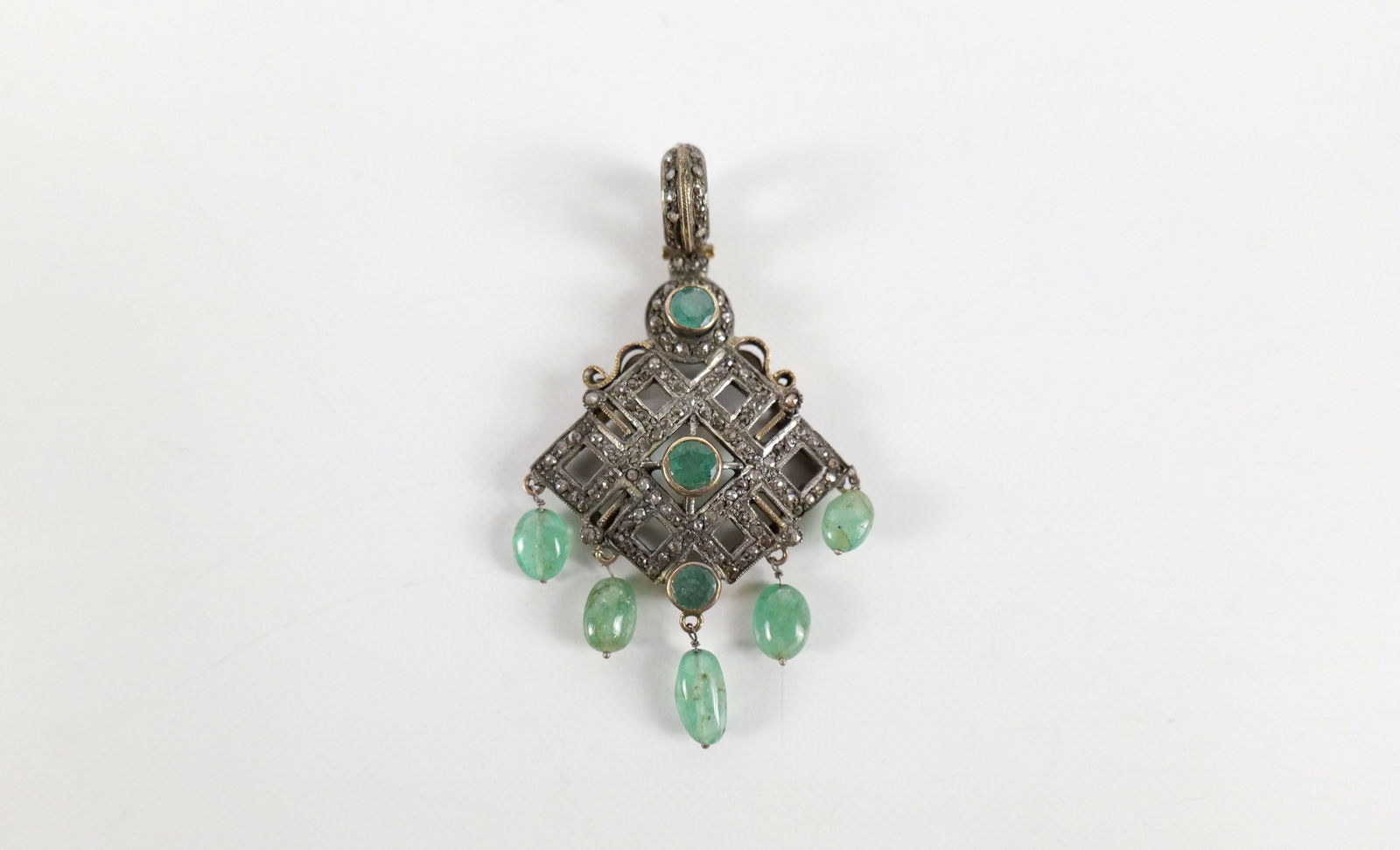 Art Deco Sterling Silver, 14K Diamond, and Emerald Stone Drop Pendant (1 of 4)