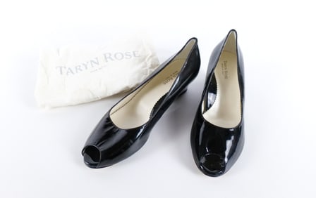 Taryn Rose Black Patten Leather Open Toe Wedges