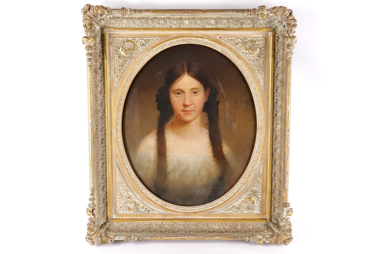 19th Century Oil on Canvas - Portrait of Girl: 19th Century Oil on Canvas - Portrait of Young Girl. Has several older repairs and patches. Repairs are visible on front of canvas. Also has minor tearing in several spots. Frame AS-IS. Measures 32" t