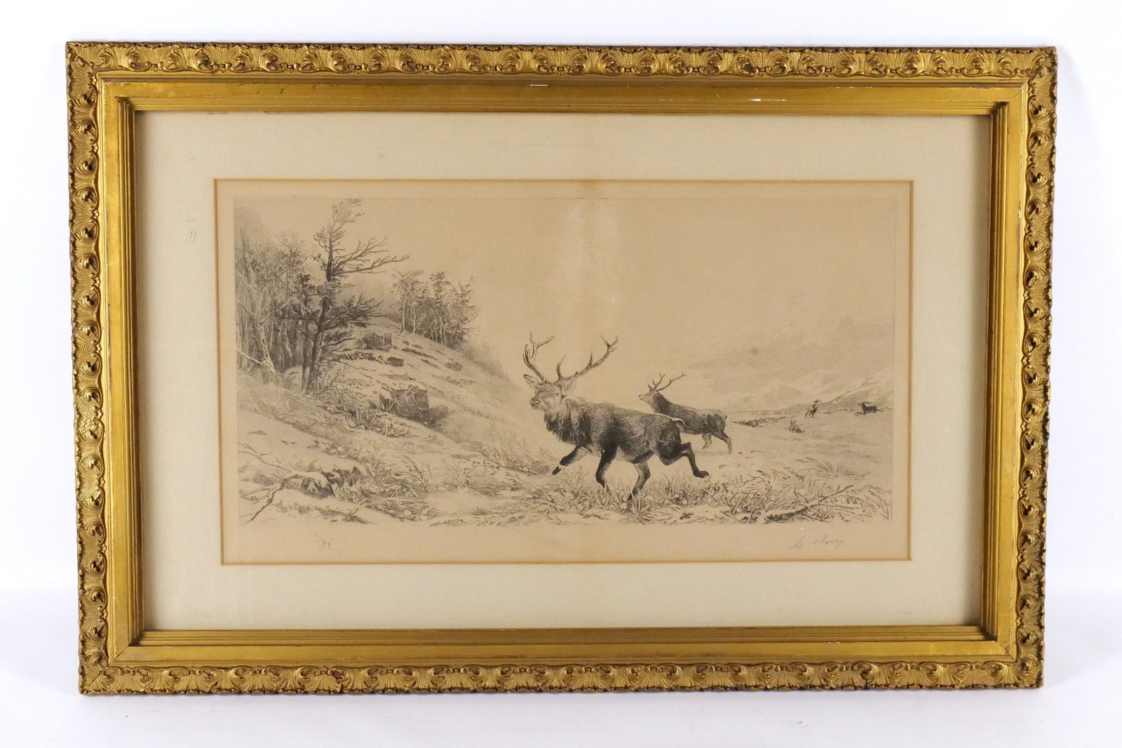 Victorian Print - Elk in Snowy Landscape: Victorian Print - Depicting Elk in Snowy Landscape. Signed lower right - Undetermined. Comes in Victorian Frame. Some minor foxing and discoloration. Measures 19.5" tall x 29.5" wide. All invoices mus