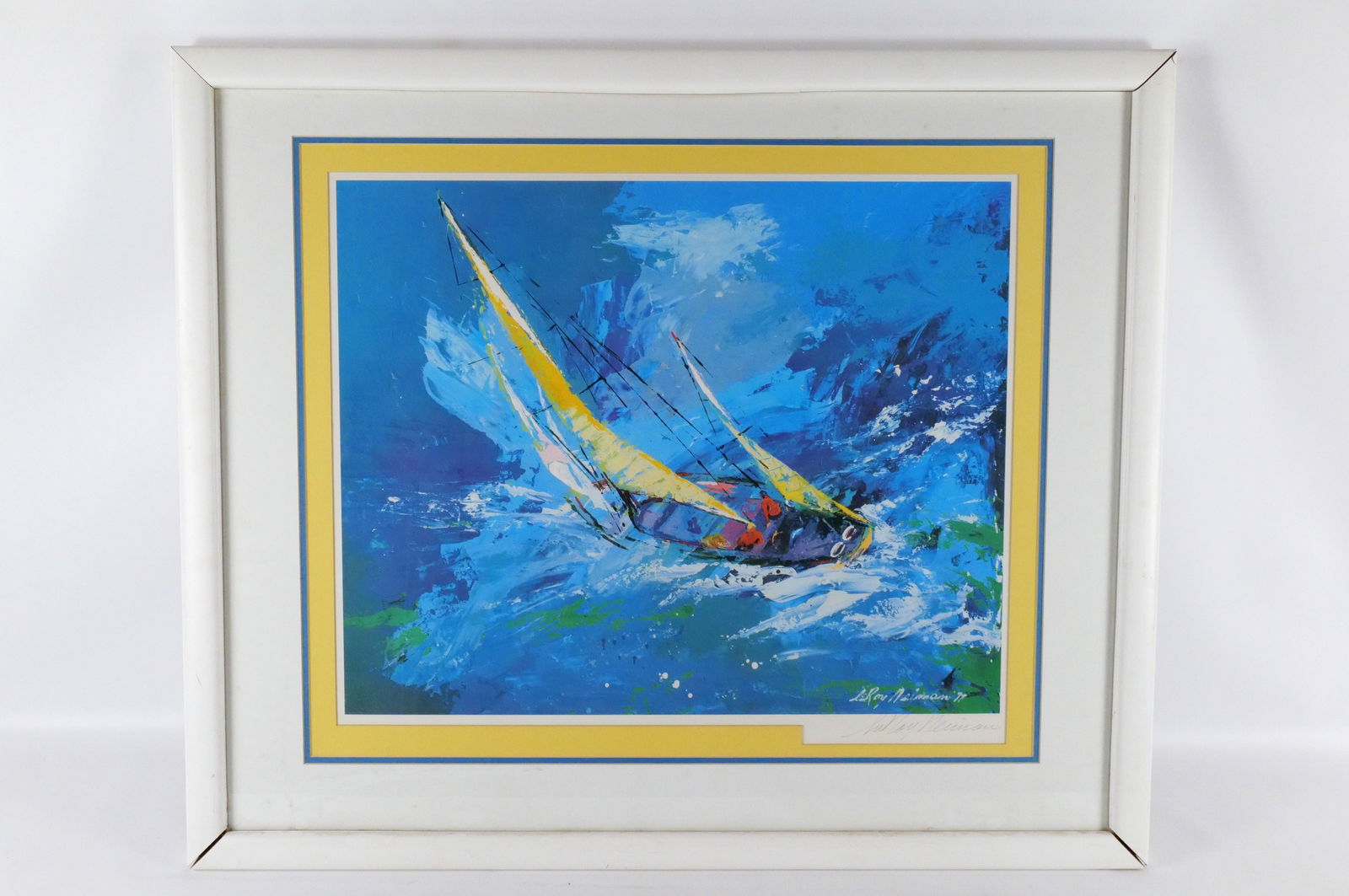 Framed Lithograph by Leroy Nieman "Sailing": Framed Lithograph by Leroy Neiman (1921–2012). Entitled "Sailing". Signed lower right in pencil. Frame is separating and peeling. Measures 31" tall x 36.5" wide. LeRoy Neiman was born on June 8, 192