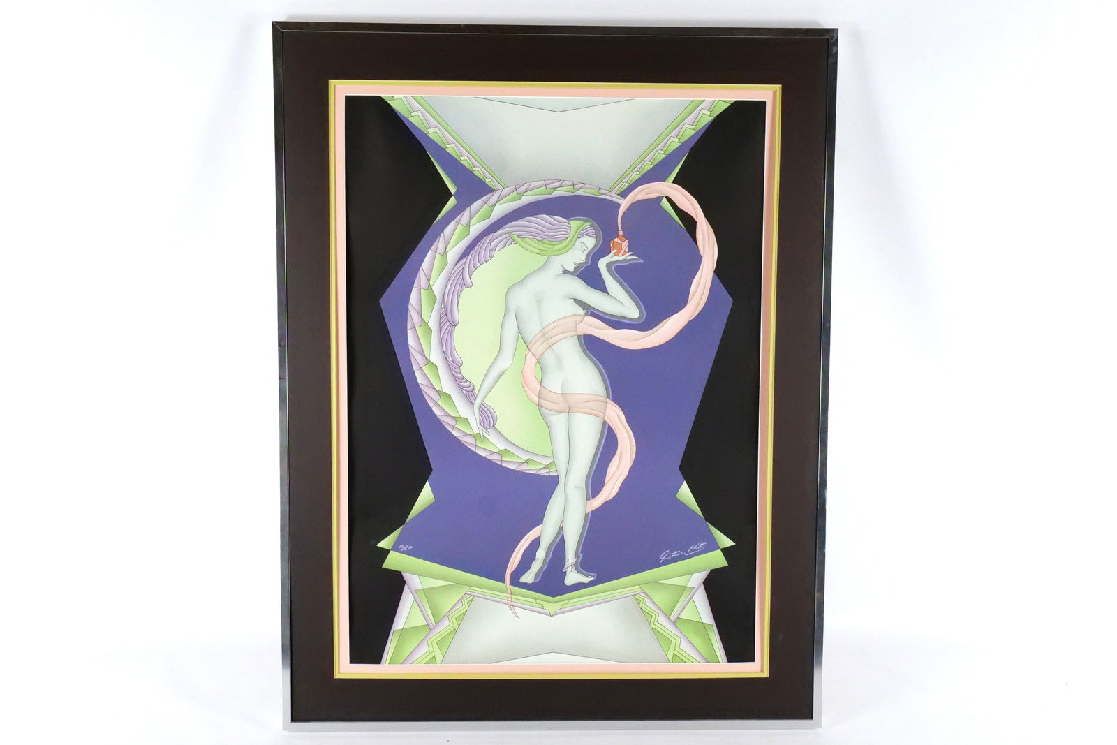 Framed Lithograph by Gustav Kaitz "Genie": Framed Lithograph by Gustave Kaitz (1913-1992). Entitled "Genie". Depicting Art Deco Nude Woman. Missing glass. Signed Mid Right - Artist Proof. Measures 33.5" tall x 26.5" wide. The singular art of G