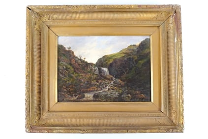 19th Century Oil on Canvas - Waterfall and Mountains